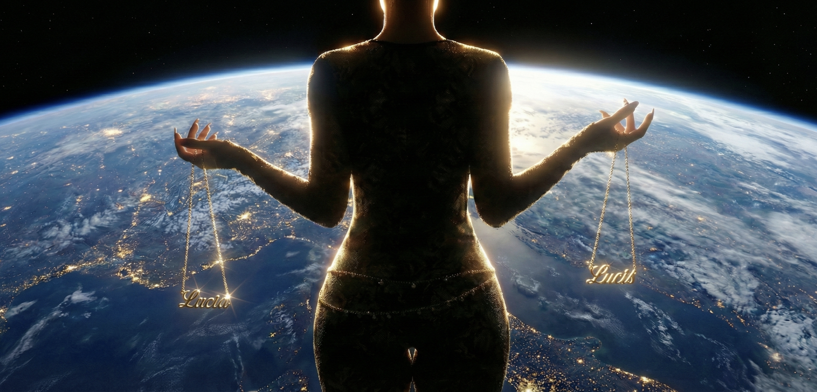 The Lacia Lucis in a bodysuit with a diamond and gold chain wrapped around Her hips